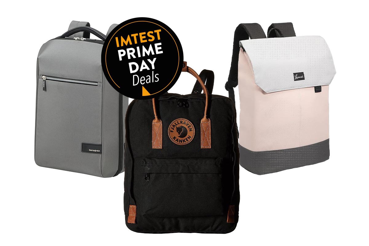 Drei Rucksäcke neben- und voreinander angeordnet. Ein Fjallräven, ein LOVEVOOK und ein Samsonite. Oben rechts ist ein schwarzer Button mit dem Text "IMTEST Prime Day Deals".