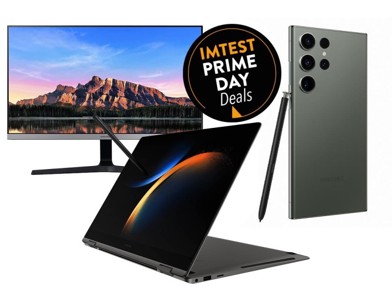 Productsshot von einem Smartphone, Laptop und Monitor auf weißem Hintergrund, dazu der Amazon Prime Button