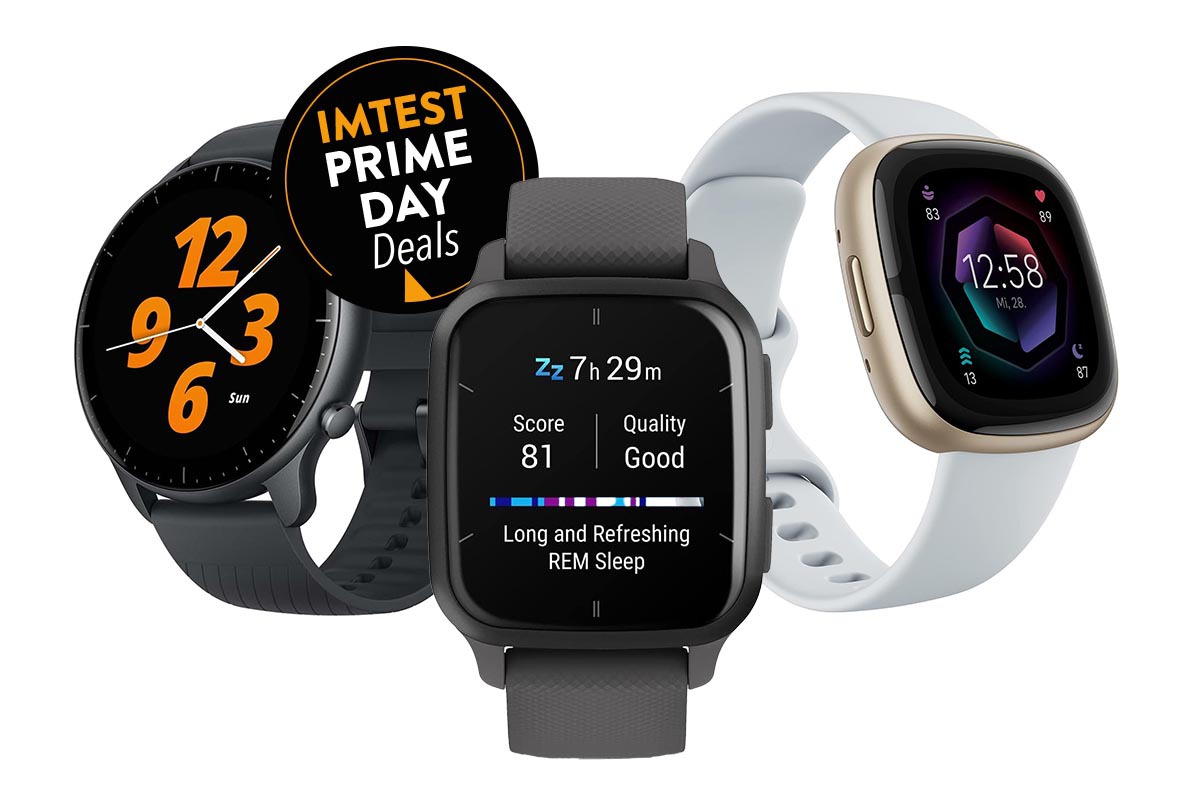 Drei Smartwatches sind nebeneinander angeordnet. Oben links ist ein schwarzer Button mit dem Text "IMTEST Prime Day Deals".