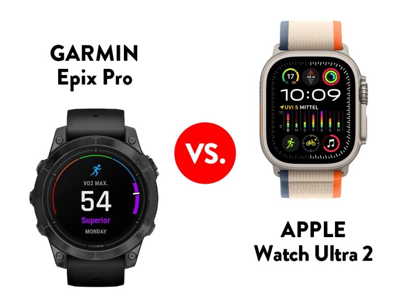 Smartwatch von Garmin und Apple auf weißem Grund.
