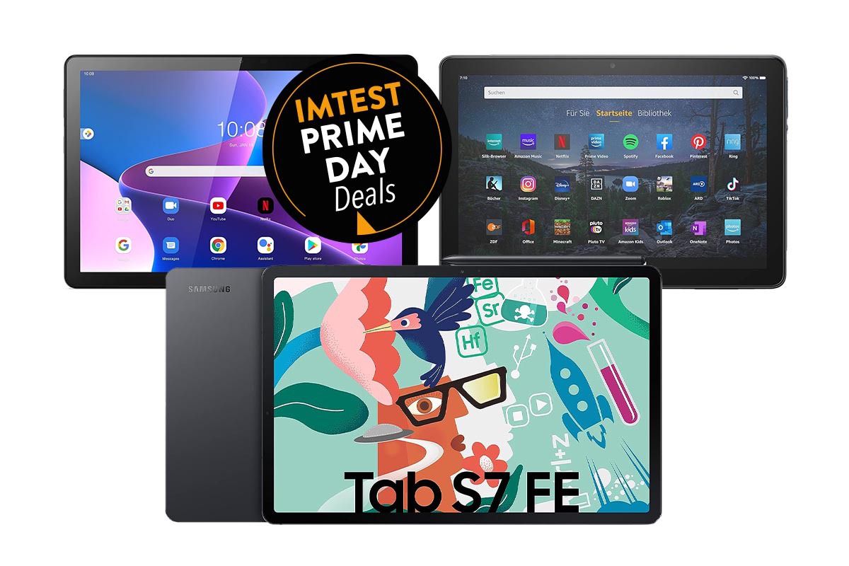 Drei schwarze Tablets ind neben- und übereinander aufgereiht. Eins davon ist von Amazon, eins von Lenovo und eines ist von Samsung. Oben links im Bild ist ein Button mit dem Text "IMTEST Prime Day Deal".