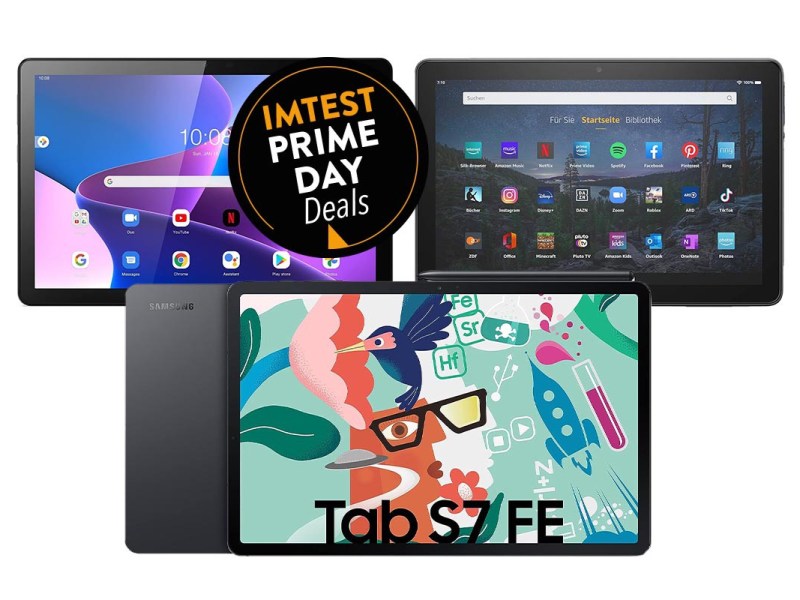 Drei schwarze Tablets ind neben- und übereinander aufgereiht. Eins davon ist von Amazon, eins von Lenovo und eines ist von Samsung. Oben links im Bild ist ein Button mit dem Text "IMTEST Prime Day Deal".