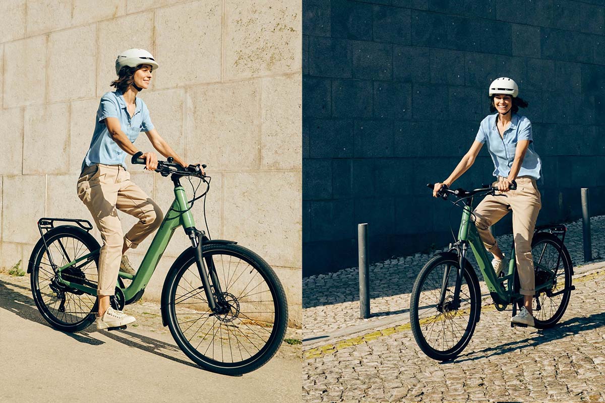 zweigeteiltes Bild, auf beiden sieht man eine Frau mit einem grünen E-bike auf einer städtischen Straße langfahren