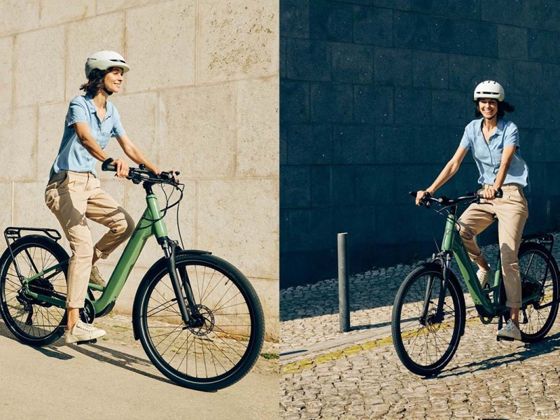 zweigeteiltes Bild, auf beiden sieht man eine Frau mit einem grünen E-bike auf einer städtischen Straße langfahren