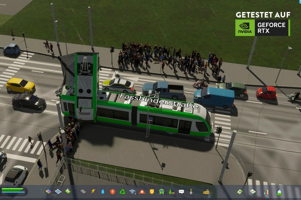 Screenshot aus dem Spiel Cities: Skylines 2. Im Bild eine Straßenbahn, der letzte Abschnitt ist durch einen Spielfehler nach oben geklappt.