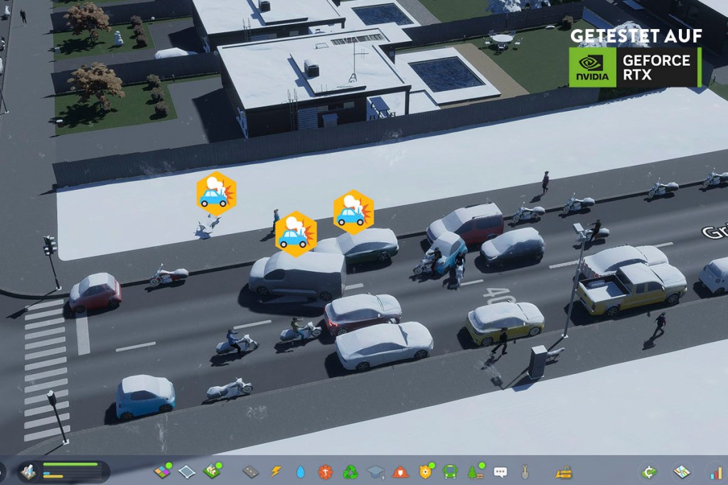 Screenshot aus dem Spiel Cities: Skylines 2. Im Bild Autos mit verschneiter Frontscheibe. Es hat einen Unfall gegeben.