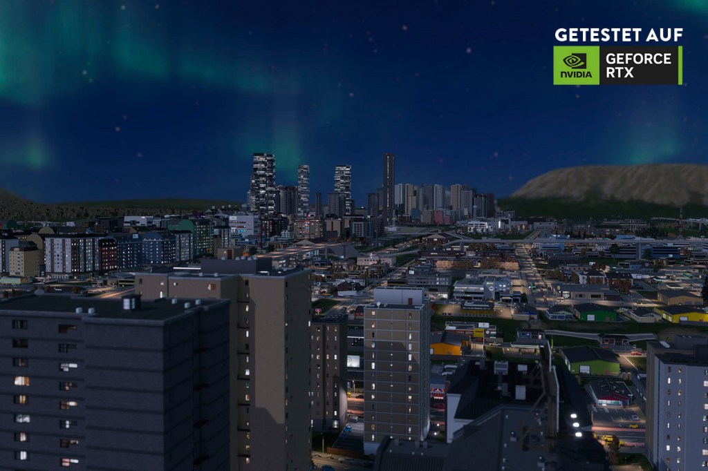 Screenshot aus dem Spiel Cities: Skylines 2. Eine Stadt bei Nacht mit Wolkenkratzern im Hintergrund.