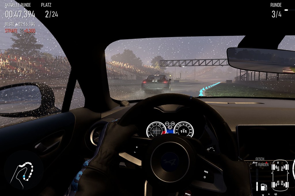 Screenshot aus Forza Motorsport. Aus der Cockpitperspektive, Regen auf der Windschutzscheibe.