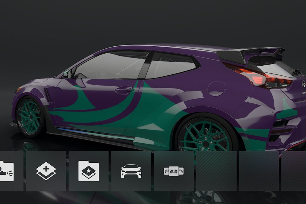 Ein Screenshot aus dem Livery-Editor von Forza Motorsport. Im Hintergrund ein Auto, vorne das Menü.