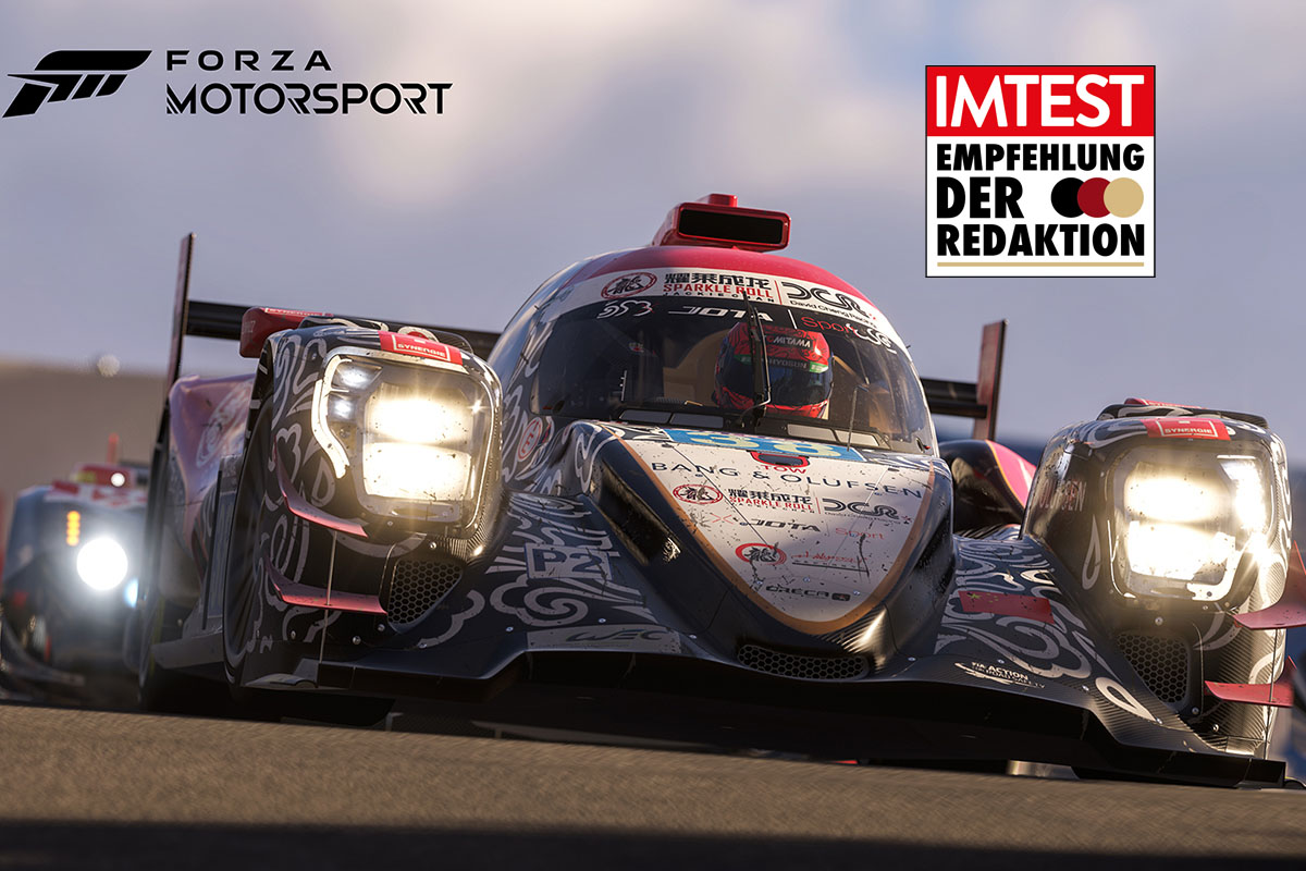 Titelbild von Forza Motorsport: Ein LeMans-Prototypen-Rennwagen von vorne aufgenommen.