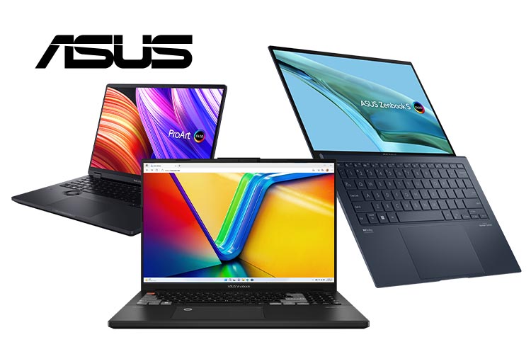 Verschiedene Asus Laptops vor weißem Hintergrund