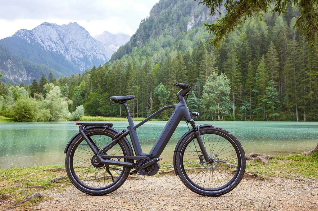 graues E-Bike steht vor einem See, dahinter Bergkulisse