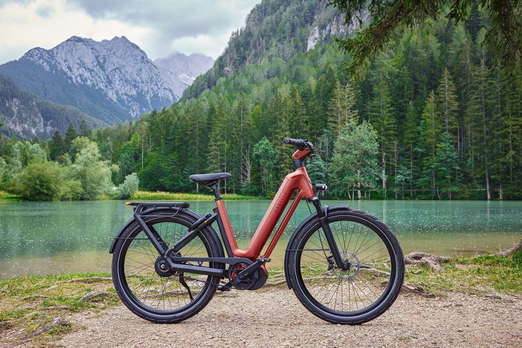 rotes E-Bike steht vor einem See, dahinter Bergkulisse