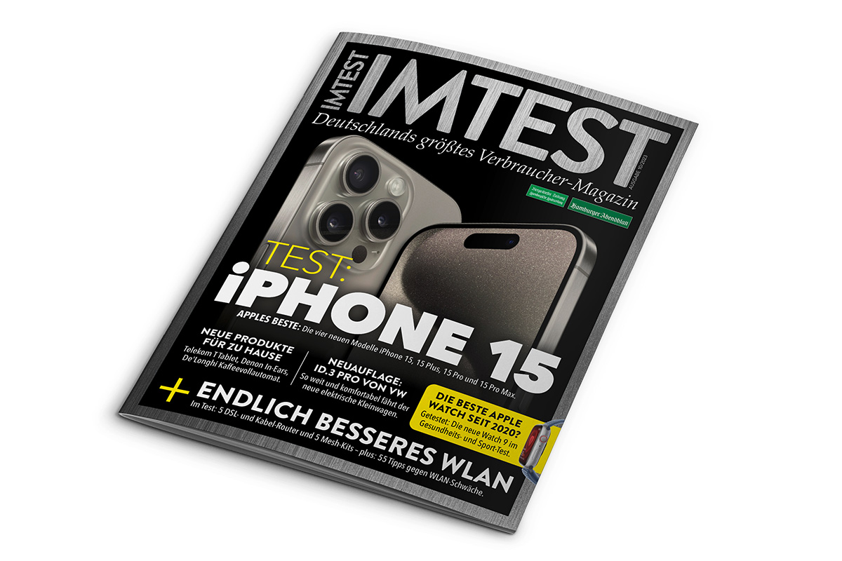Titelbild der digitalen IMTEST-Ausgabe 10/23 mit dem iPhone 15 Pro als Cover-Motiv.