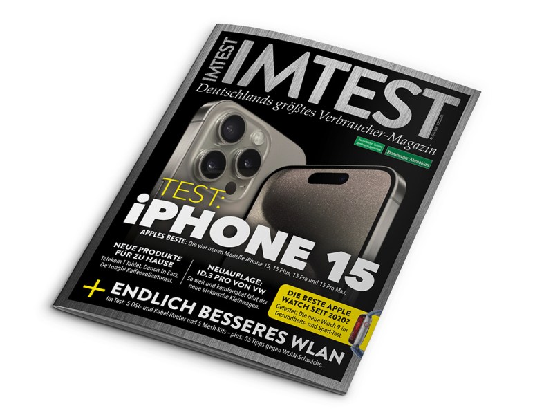 Titelbild der digitalen IMTEST-Ausgabe 10/23 mit dem iPhone 15 Pro als Cover-Motiv.