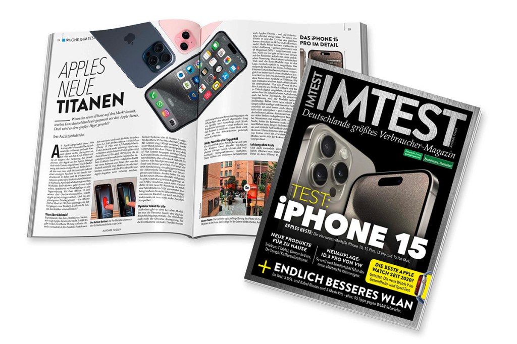 Titelbild der digitalen IMTEST-Ausgabe 10/23 mit dem iPhone 15 Pro als Cover-Motiv sowie einer Beispiel-Doppelseite.