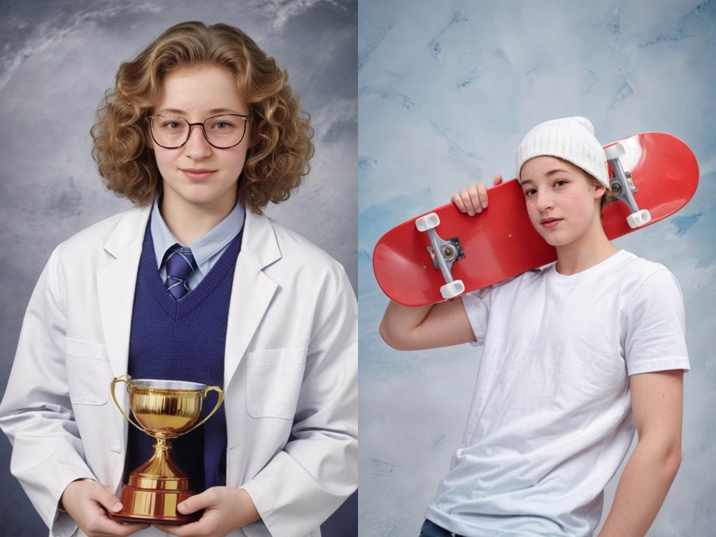 Links ein Junge als Forscher, rechts als Skater