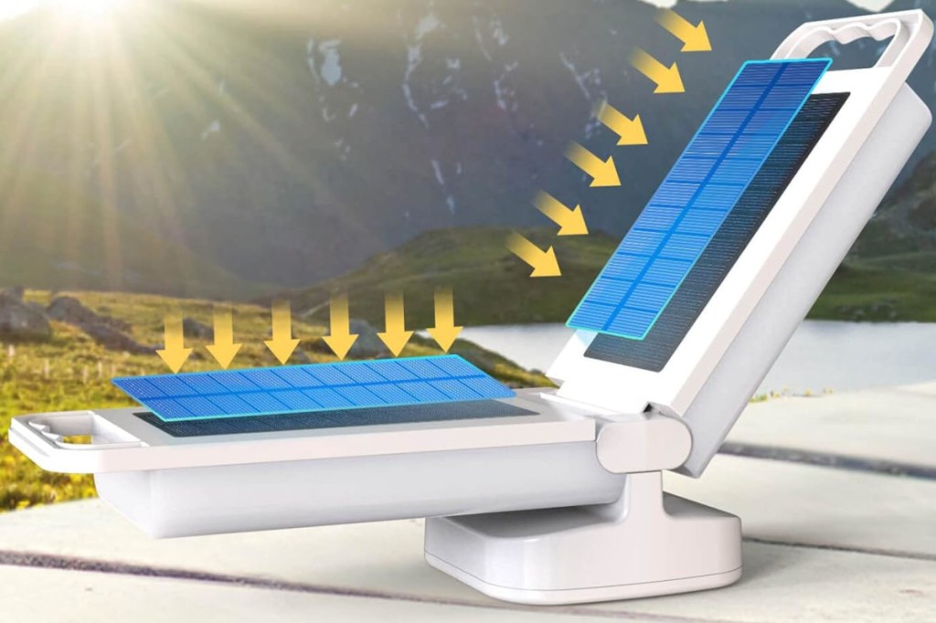 Grafik von aufgeklappter weißer Lepwings-Laterne mit blau hervorgehobenen Solarmodulen und gelben Pfeilen die darauf deuten vor Bergkulisse mit Sonne links oben