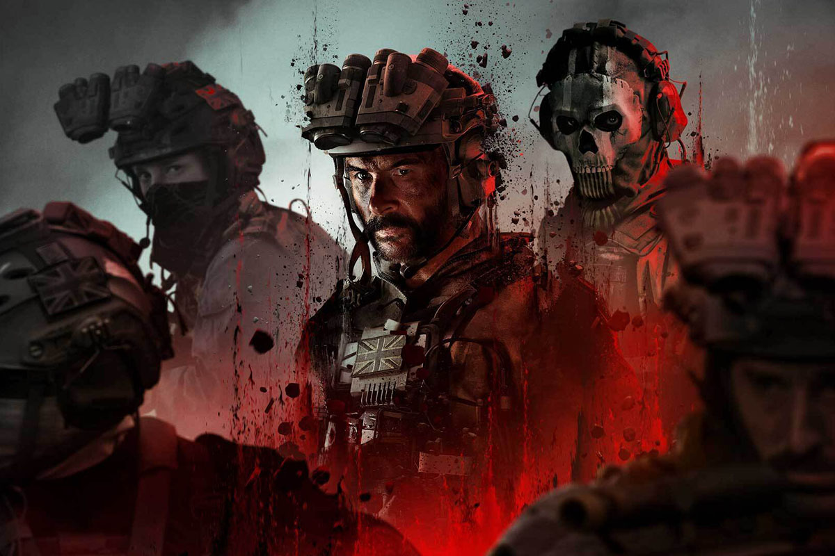 Titelbild von Modern Warfare 3 mit Spieler-Charaktere in Kampfausrüstung. In darum stilisierte rote Grafik-Elemente.