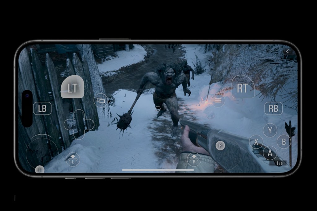 Ein Bild von einem iPhone 15 Pro mit dem Spiel Resident Evil Village.