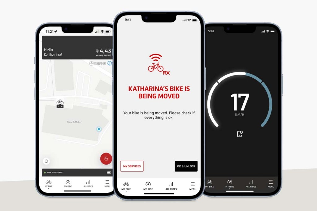 Drei Smartphones nebeneinander, zeigt die App RX Connect von Riese & Müller