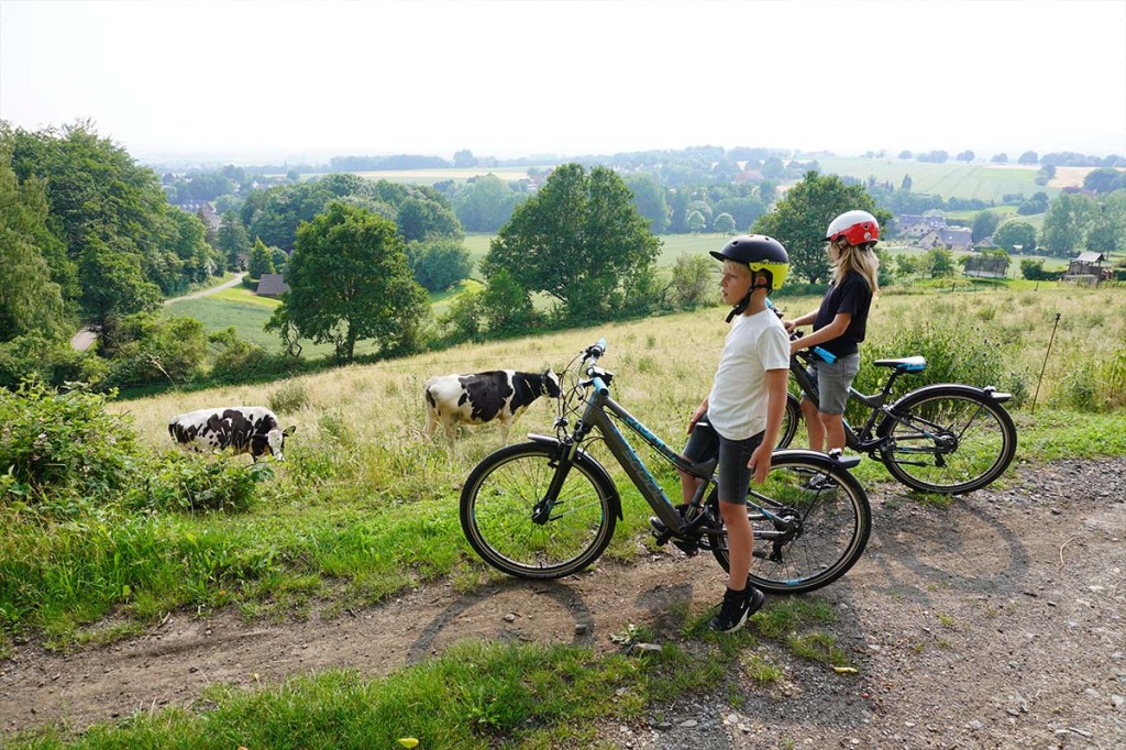 Zwei Kinder auf einem Kinder-E-Bike, im Hintergrund eine Kuhwiese