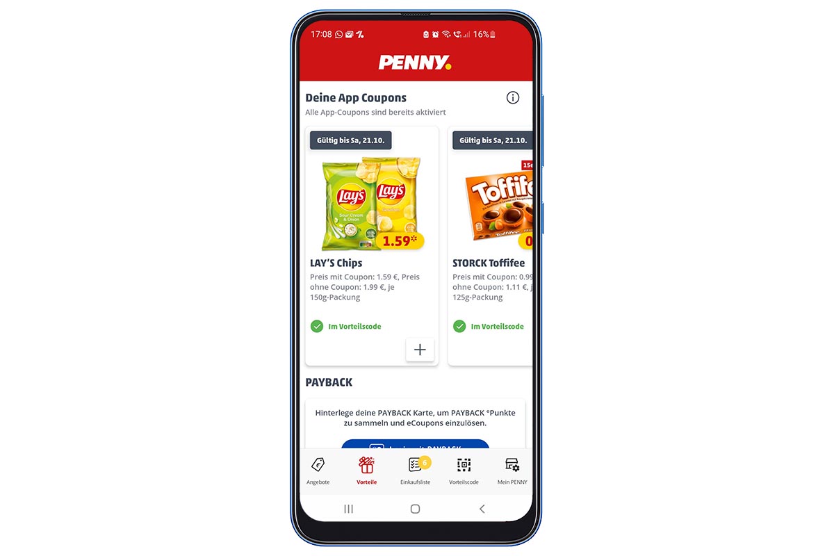 Ein Screenshot aus der Penny-App.