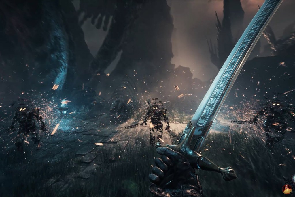 Screenshot aus dem Spiel Unawake, man sieht Schwertkampf in Ego-Sicht, Dämonen rennen aufs Bild zu.