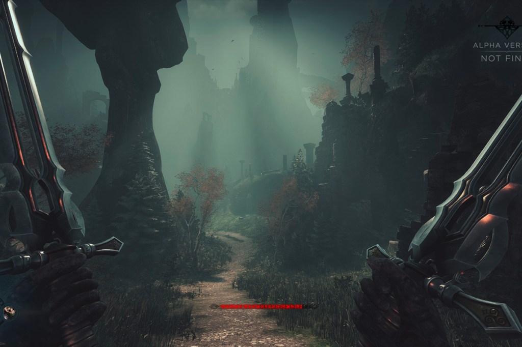 Screenshot aus dem Spiel Unawake, man sieht ein tolles Panorama zwischen zwei Schwertern hindurch.