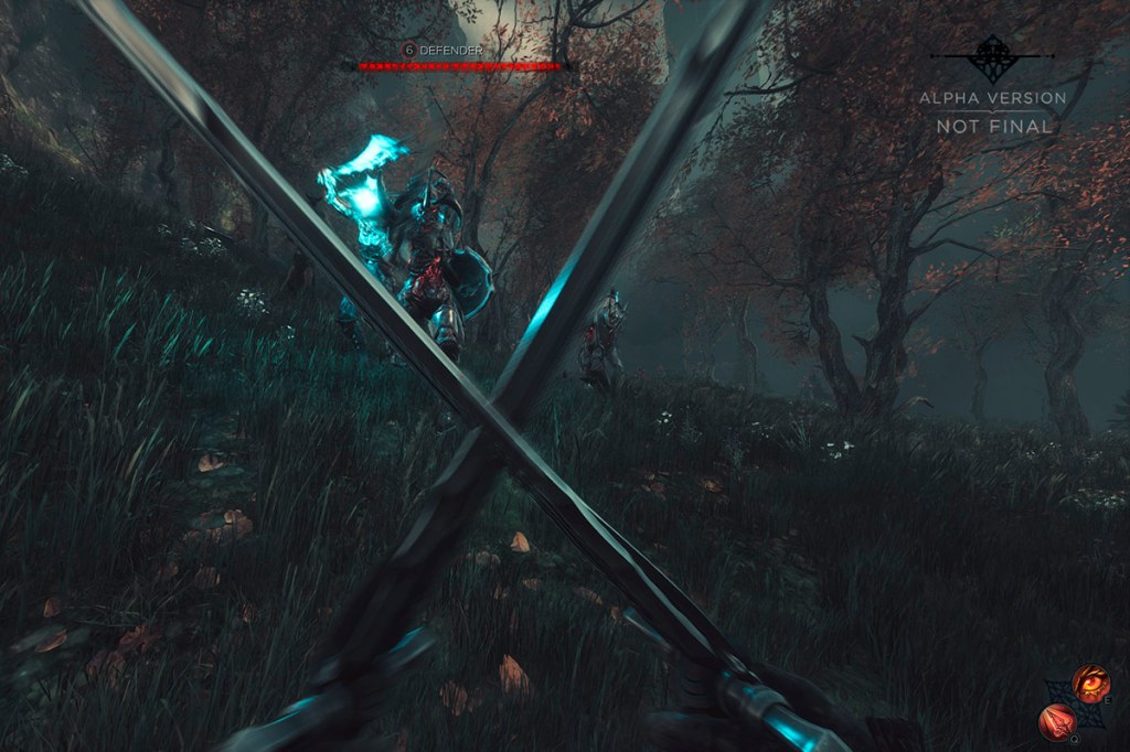 Screenshot aus dem Spiel Unawake, man sieht Schwertkampf in Ego-Sicht, die Spielfigur blockt mit zwei Schwertern.