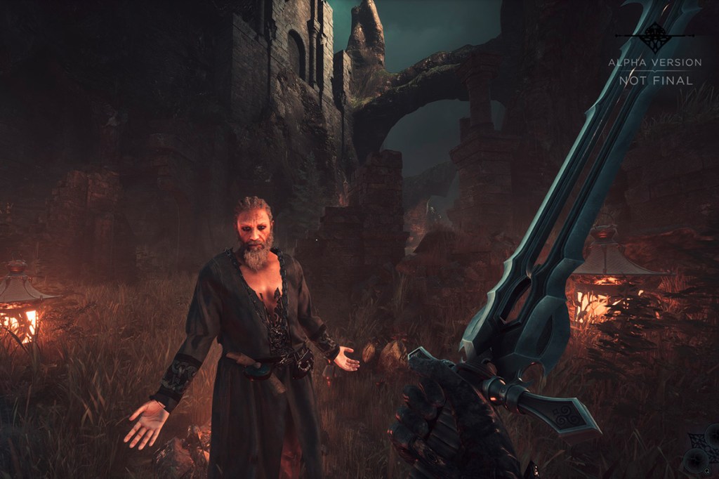 Screenshot aus dem Spiel Unawake, man trifft eine NPC-Figur, im Hintergrund ist eine Burg auf einem Felsen.