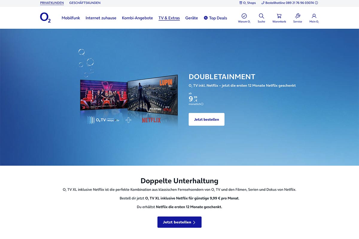 Die Landingpage des O2-TV-Angebots