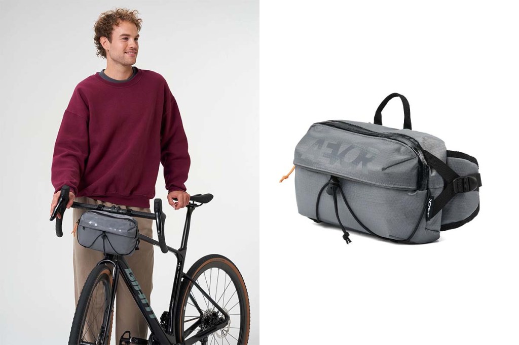 zweigeteiltes Bild: links: Mann steht neben seinem Fahrrad, welches eine Lenkertasche hat, rechts Produktshot der Lenkertasche