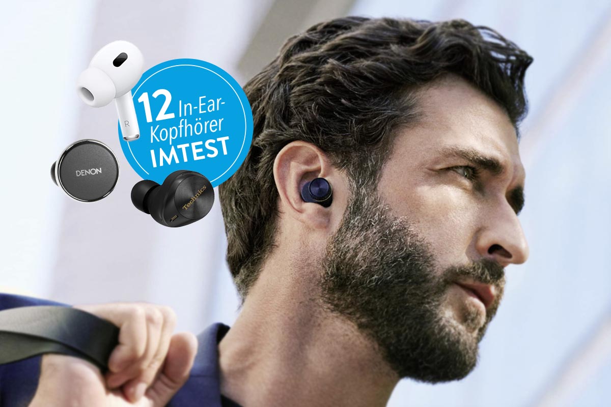 Ein Mann trägt In-Ear-Kophförer, oben links Freisteller von drei Modellen.