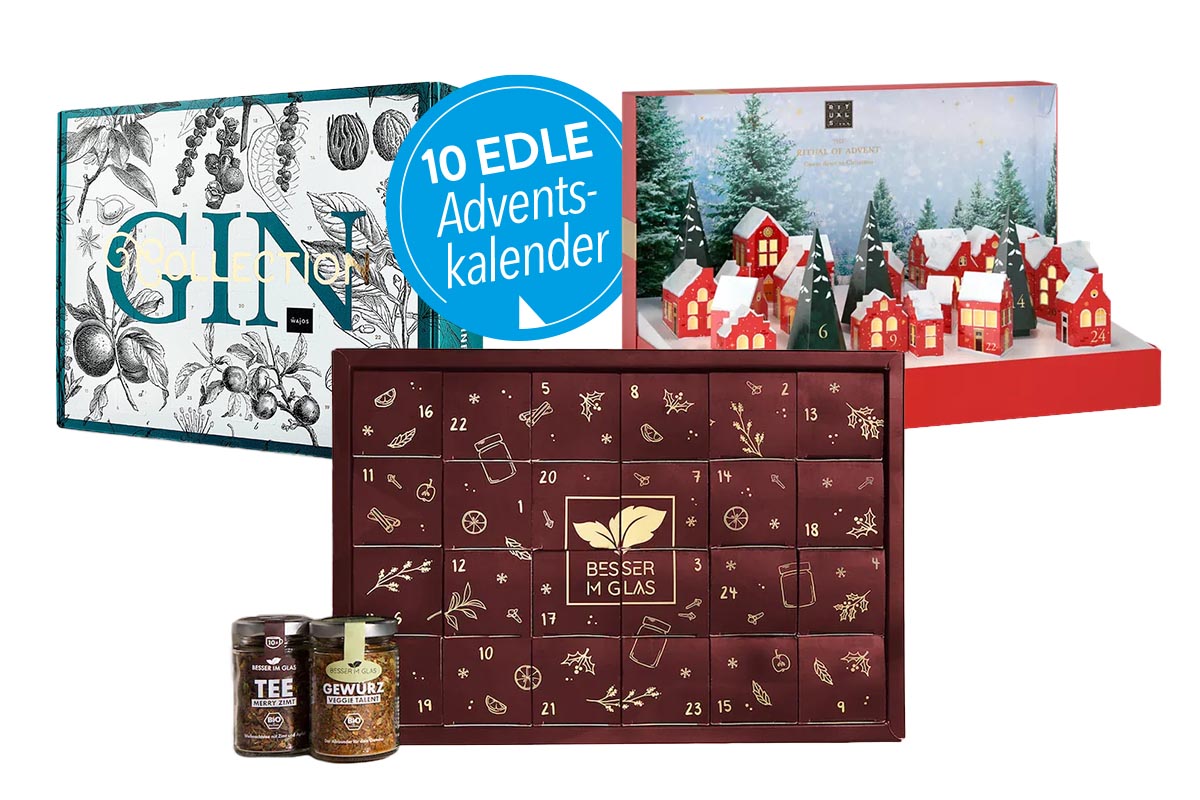 Drei hochwertige Adventskalender verschiedener Hersteller auf weißem Grund.