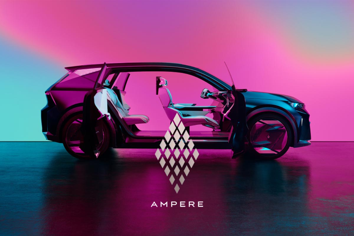 Productshot eines Autos ohne Türen, graphisch dargestellt, der Hintergrund ist überwiegend in pink gehalten, im Vordergrund das Logo des Herstellers Ampere