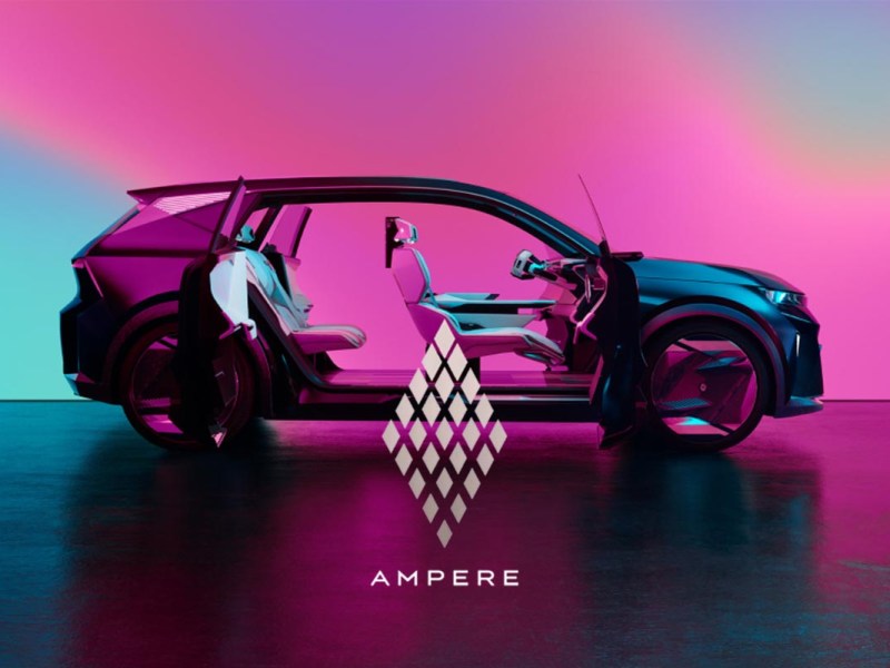 Productshot eines Autos ohne Türen, graphisch dargestellt, der Hintergrund ist überwiegend in pink gehalten, im Vordergrund das Logo des Herstellers Ampere