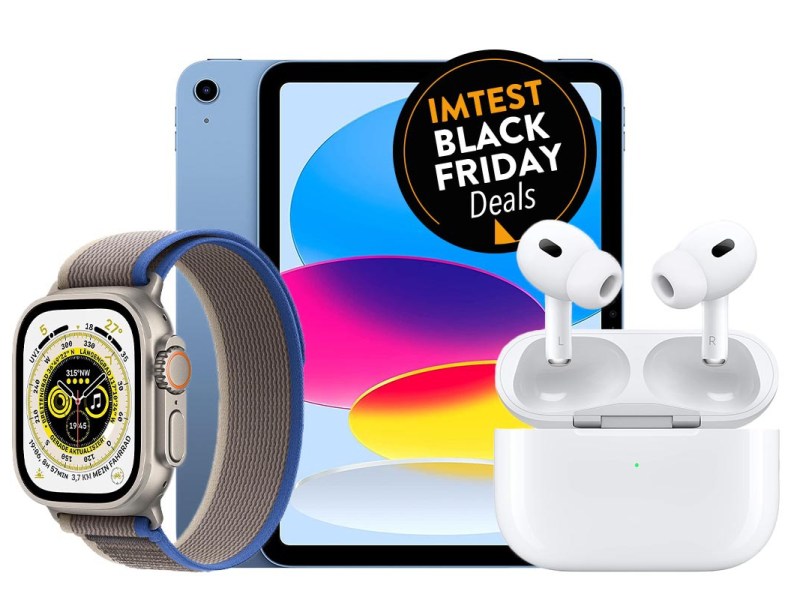 Graue Apple Watch Ultra links unten schräg von der Seite, dahinter in der Mitte groß ein blaues iPad von vorne und hinten mit buntem Bildschirm und daneben rechts In-Ear-Kopfhörer mit Ladecase auf weißem Hintergrund mit schwarzem button "IMTEST Black Friday Deals" oben mittig