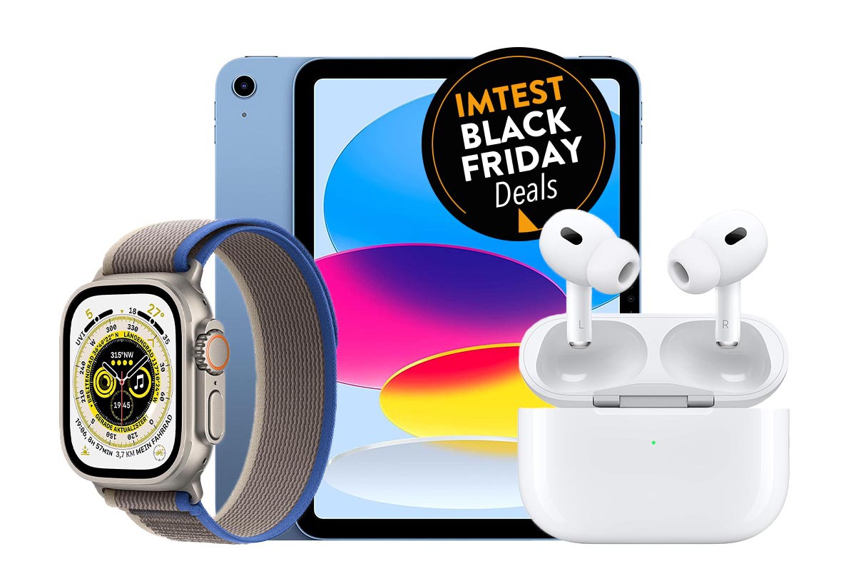 Graue Apple Watch Ultra links unten schräg von der Seite, dahinter in der Mitte groß ein blaues iPad von vorne und hinten mit buntem Bildschirm und daneben rechts In-Ear-Kopfhörer mit Ladecase auf weißem Hintergrund mit schwarzem button "IMTEST Black Friday Deals" oben mittig