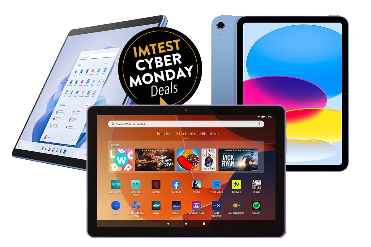 Zum Cyber Monday: Drei Tablet-PCs vn Amazon, Microsoft, Apple in der direkten Ansicht vor weißem Hintergrund.