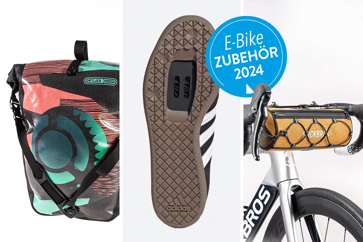 Zubehör für das E-Bike auf einem dreigeteiltem Bild.