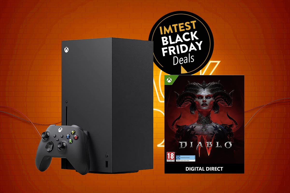XBox und das Videospiel Diablo IV auf orangenem Grund.