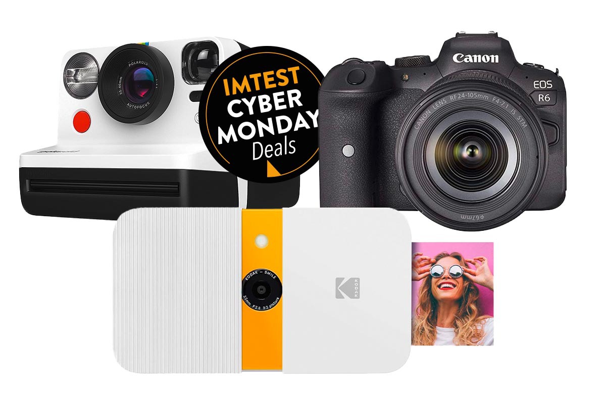 Drei Productshots von Kameras in einer Kollage, weißerHIntergrund, dazu Cyber Monday Button