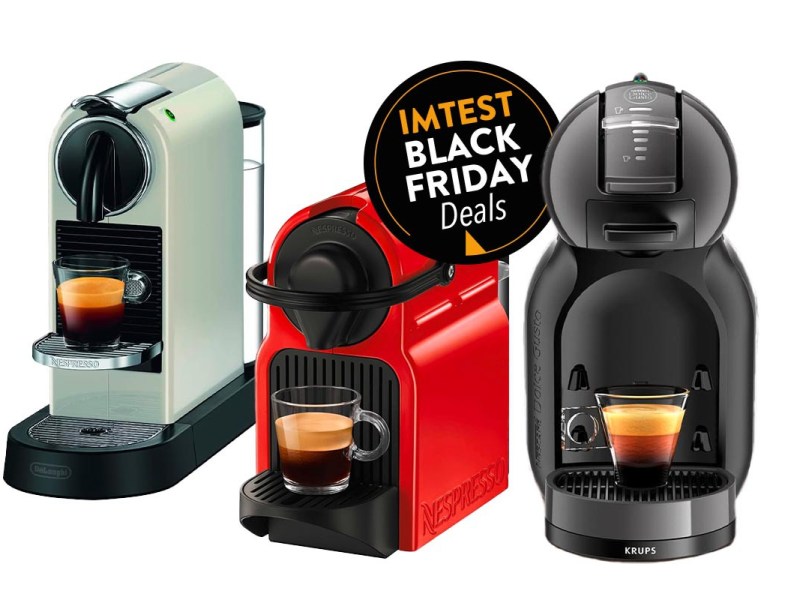 Drei Kaffee-Kapselmaschinen als Productshot nebeneinander auf weißem Hintergrund, dazu Black Friday Button