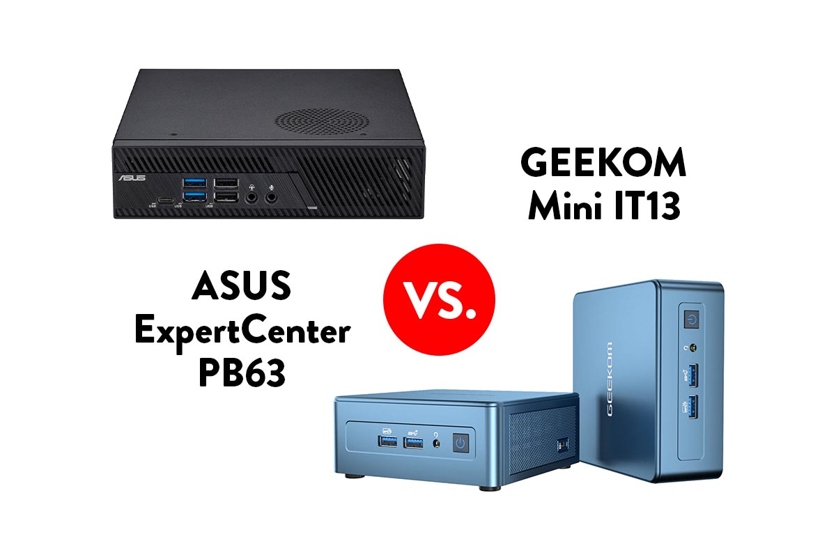 Mini-PCs von Asus und Geekom auf weißem Grund.