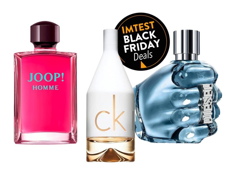 Drei Parfum-Flacons: ein pinker, ein durchsichtiger und einer in Form einer blauen Faust