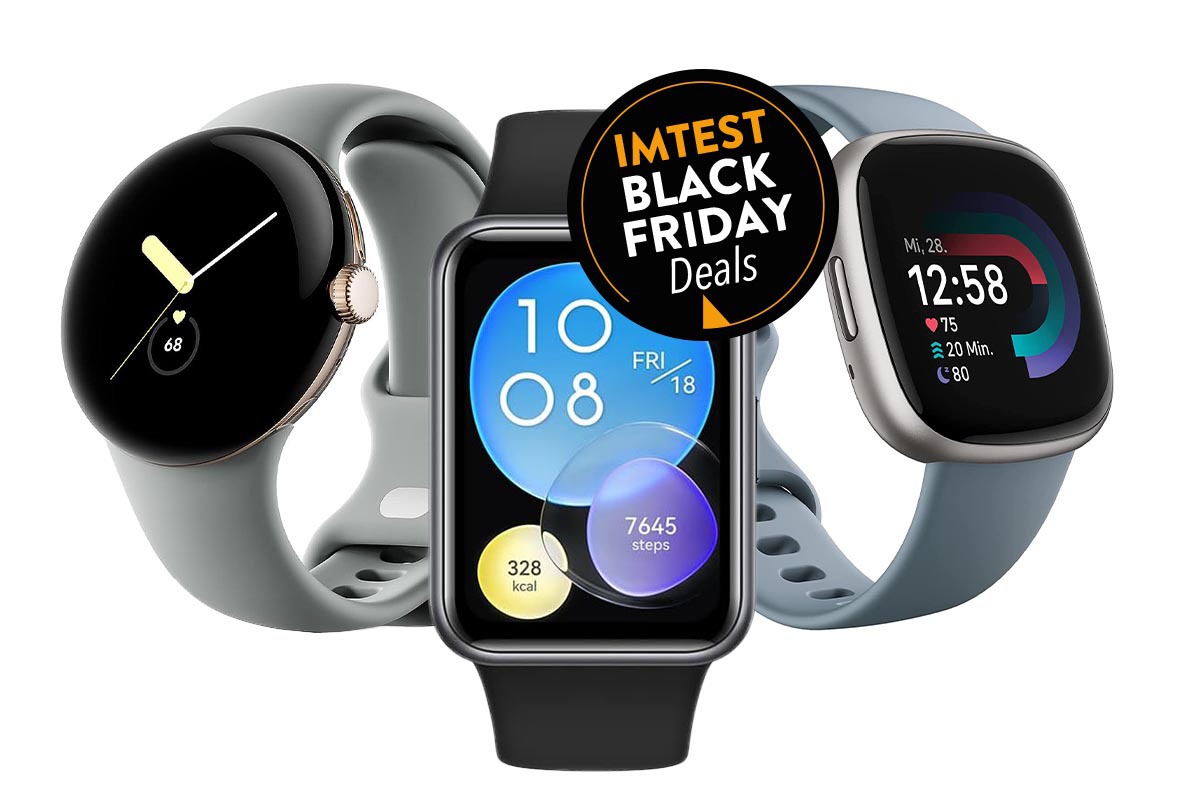 Drei Smartwatches auf weißem Hintergrund mit Black Friday Button
