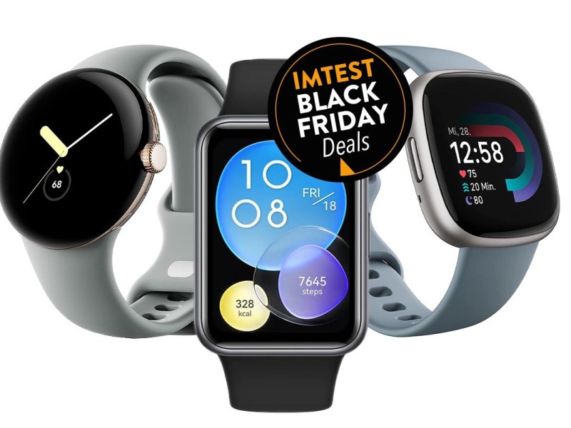 Drei Smartwatches auf weißem Hintergrund mit Black Friday Button