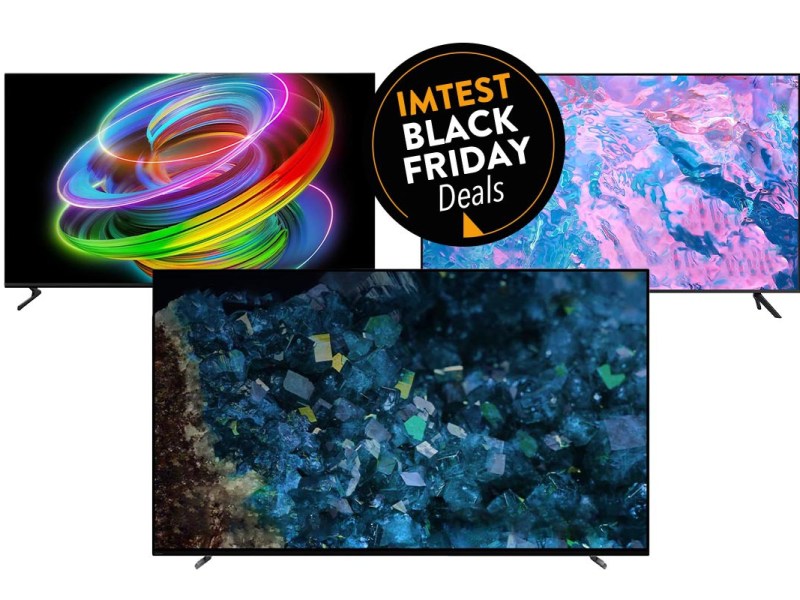 Drei Premium-TVs auf Standfüßen zu Dreieck angeordnet mit bunten Bildschirmen auf weißem Hintergrund mit schwarzem button "IMTEST Black Friday Deals" oben rechts