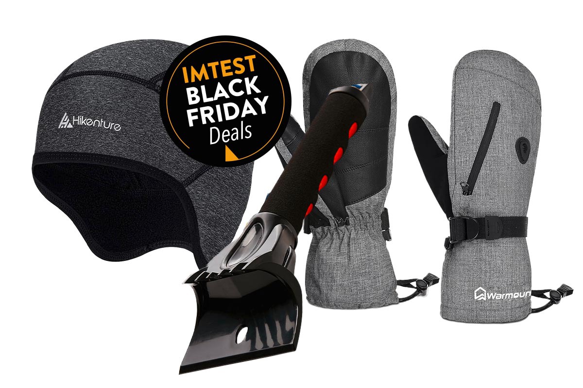 Handschuhe, Mütze und Eiskratzer als Productshot nebeneinander, dazu Black Friday Button
